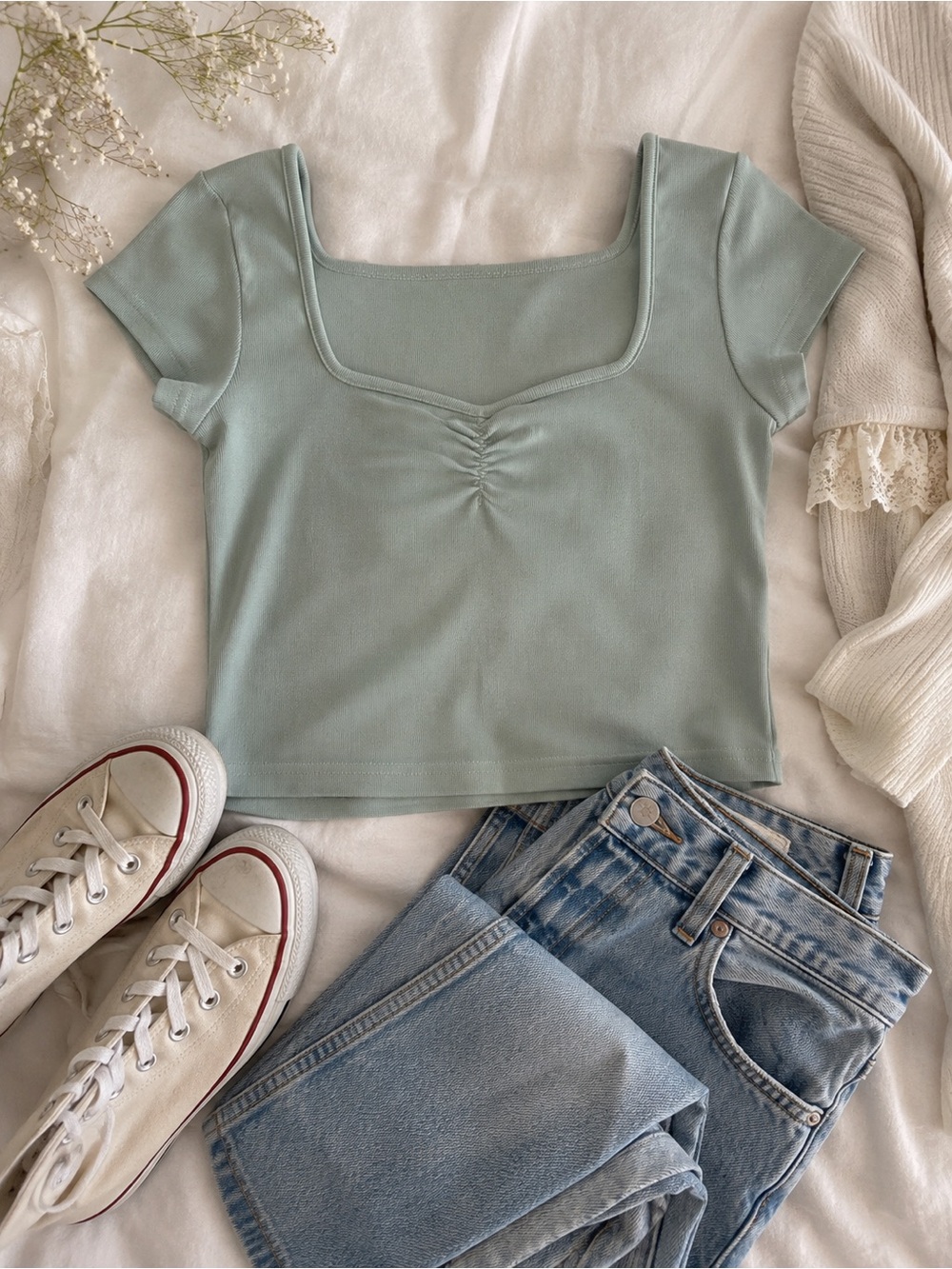 Brandy Melville Ashlyn Sage Green Ruched Square Neck Baby‎ Tee One Size